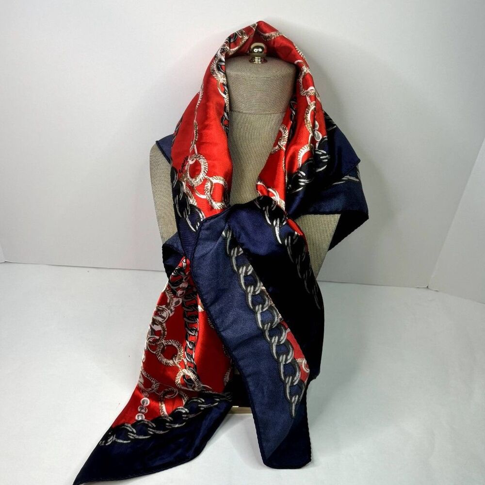 Express Silk Square Monogram Logo Chain Multicolor Scarf Womens Blue Red NWT - Picture 3 of 10